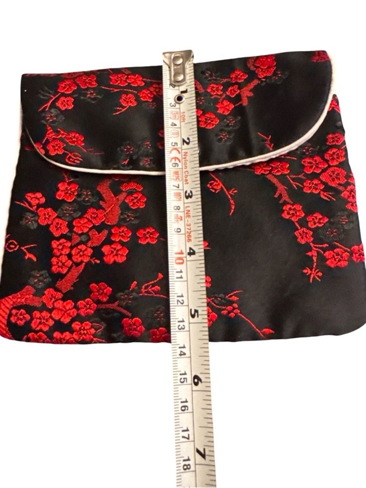 Source Unknown Black and Red Floral Satin Clutch