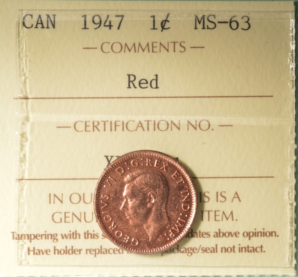 1947 - Canada Penny - Graded ICCS MS-63 RED