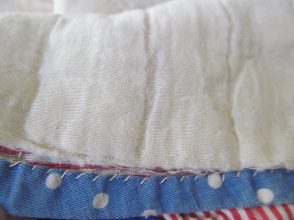 1940s Vintage FOUR PATCH on POINT Handmade Quilt~Tiny Red Stripe & Blue Binding