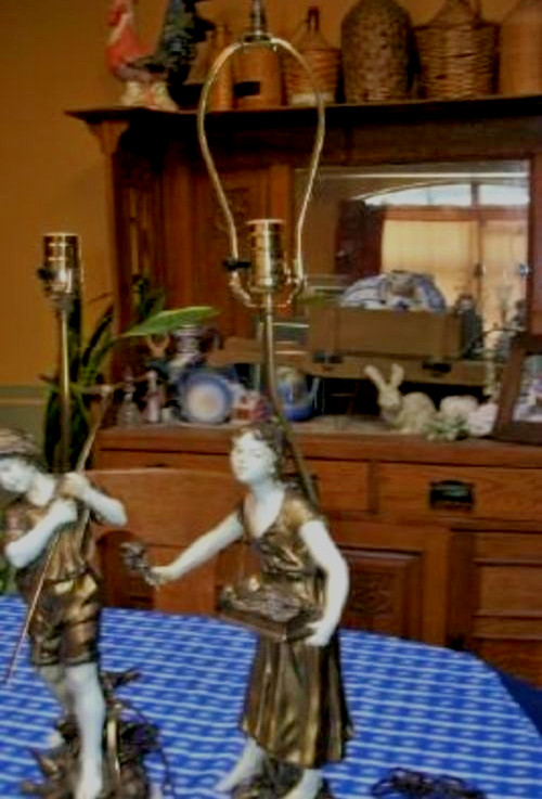 Vintage French Figural Lamps Moreau Fisherman Lady Flower Basket Bronzed Metal