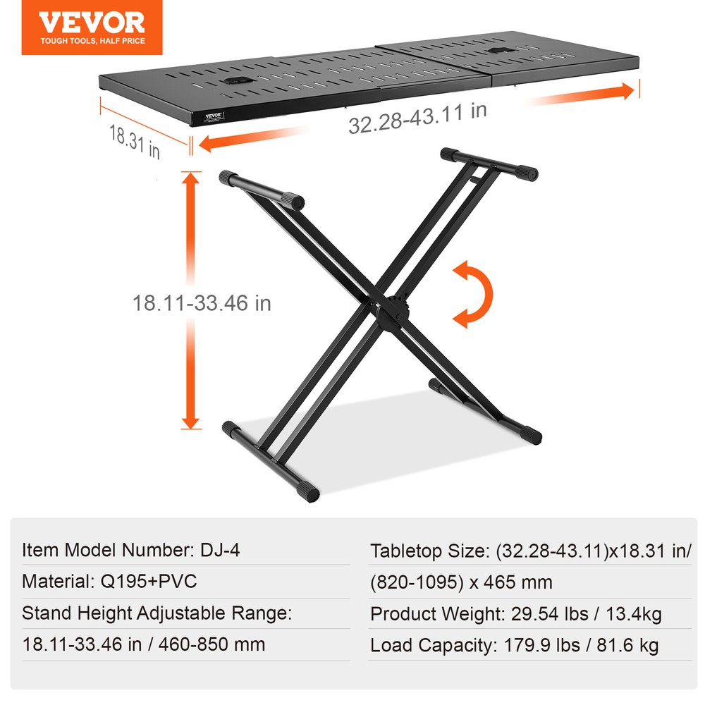 VEVOR Portable Expandable DJ Table w/ Double-X Braced Keyboard Stand Adjustable