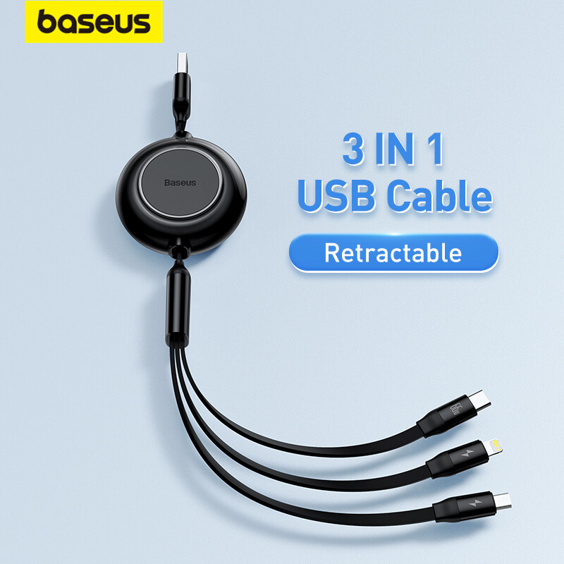 Baseus 3 IN 1 Retractable Charging Cable USB Charge Cable For iPhone Samsung