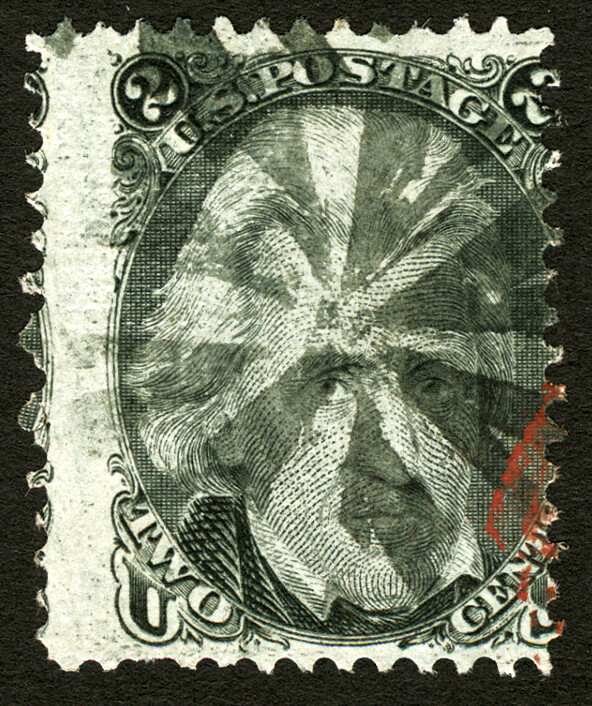 #72 1863 2c Black Jack Used with Segmented Fancy Cancel & Massive Perf Shift