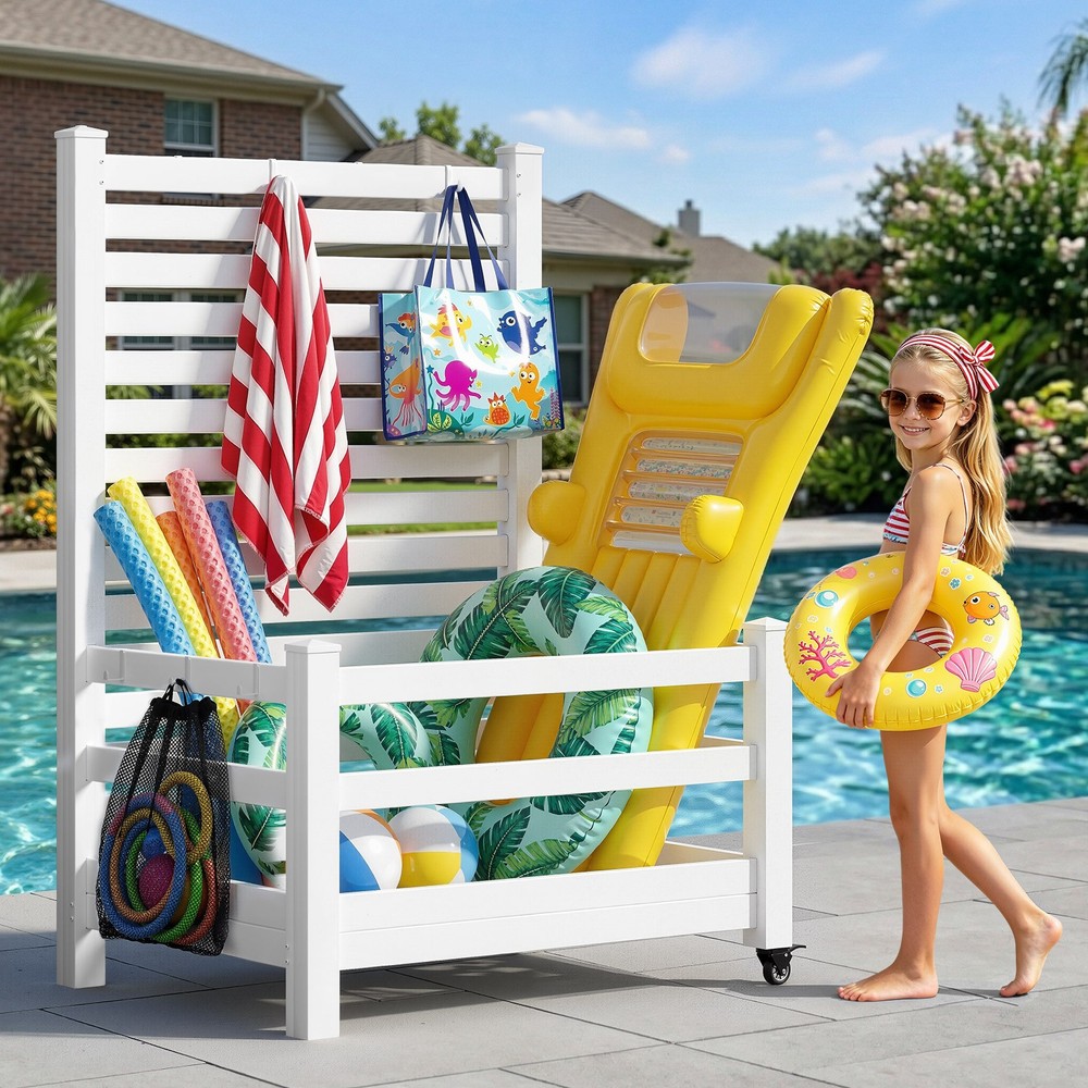 NAIZEA Pool Storage Bin with Wheels 45"Lx36"Wx71"H Pool Float Storage Organizer