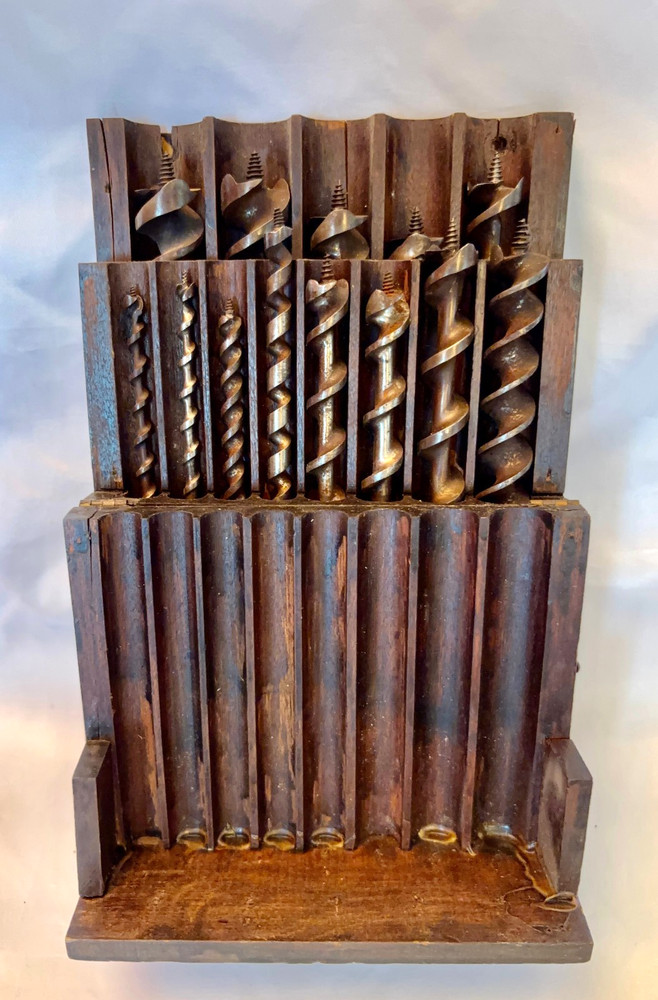 ASSORTED ANTIQUE AUGER BITS Wood Case Vintage Tools Hand Drill Bits