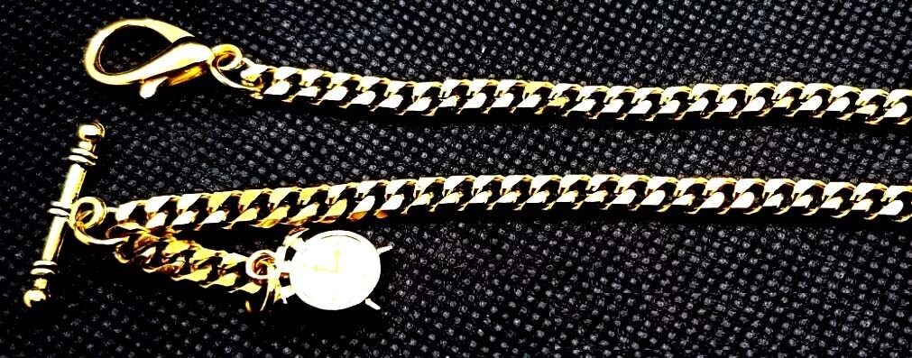 Gold Plated 12" Inches Long Pocket Watch Chain With Ornate Fob