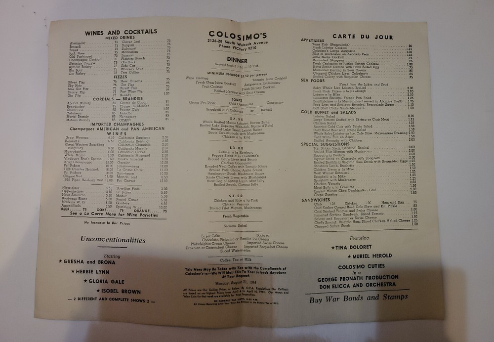 Vintage 1944 Colosimos Chicago Menu