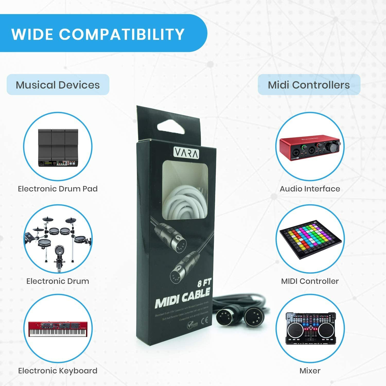 VARA 4, 8, 12ft 5-Pin DIN to 5-Pin DIN MIDI Cable - Black & White