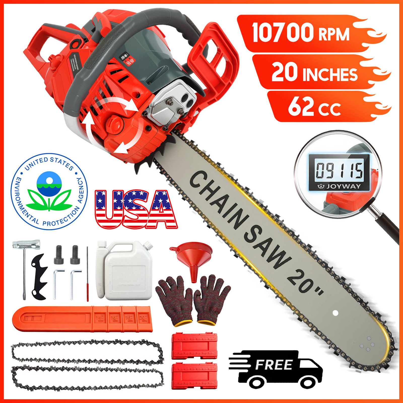 62cc Gas Powered Chainsaw with 20'' Guide Bar Saw Chain 2-Stroke Engine Cut Wood