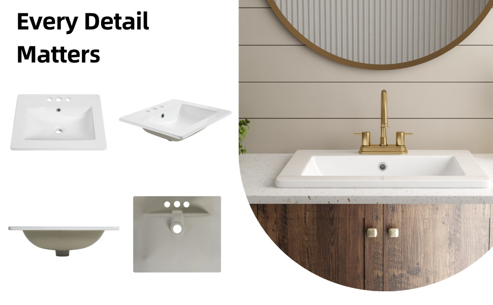 21"x18" White Drop-In Bathroom Sink Ceramic Rectangular 4" Centerset Faucet Hole