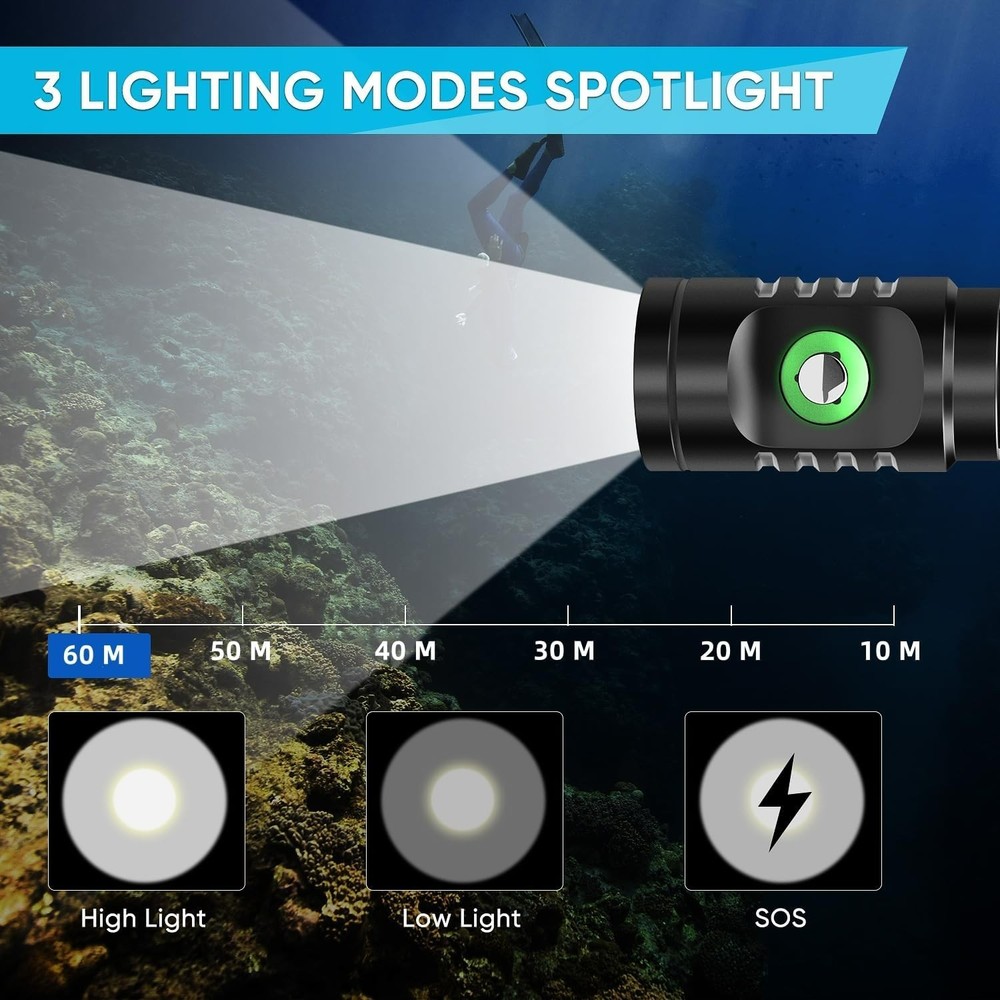 Dive Light Scuba Diving Flashlight, Super Bright Rechargeable Waterproof Torch