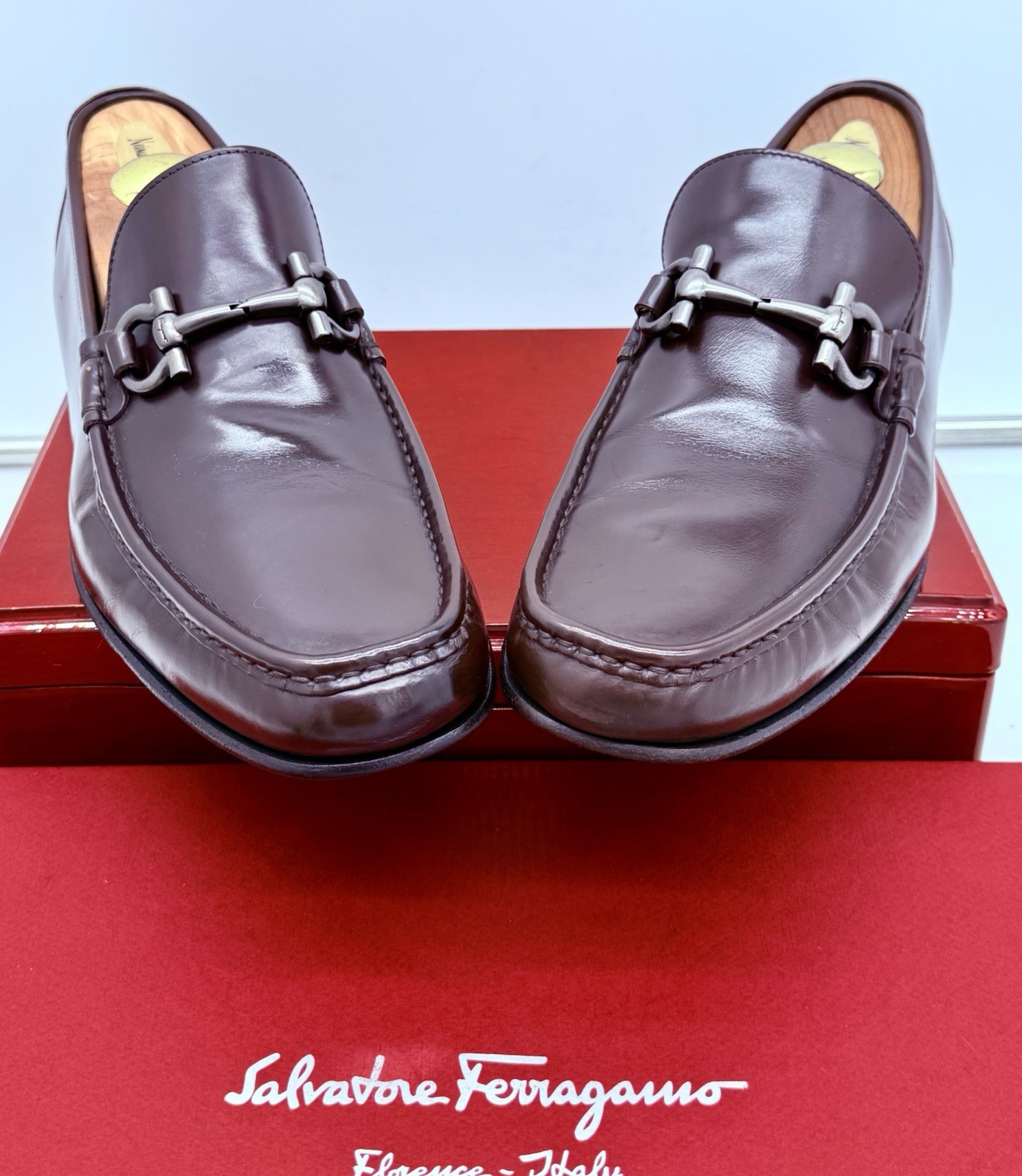 Ferragamo Mens Brown Loafers 9.5 Wide Gancini Horse Bit Leather Luxe Shoes