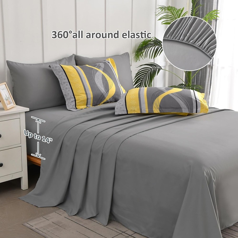 Yellow Comforter Set Queen Size,8 Pieces Bed in a Bag Patchwork Striped Bedding