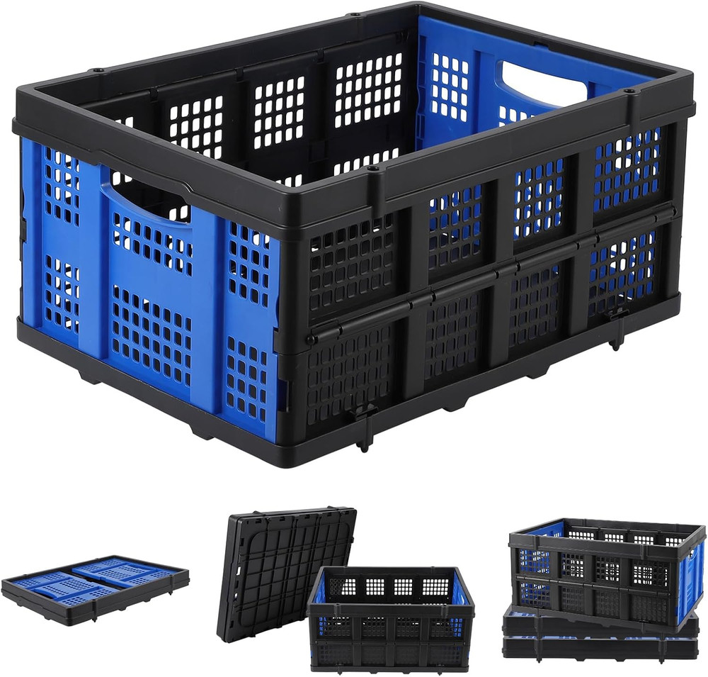 Collapsible Plastic Crate, Foldable Storage Basket, Stackable Utility Crate with