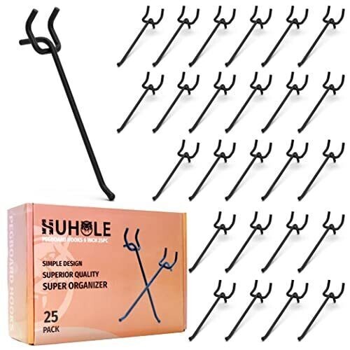 Black Pegboard Hooks - 6 Inch, 25PC, Heavy Duty, Rust Resistant, Wall Mount
