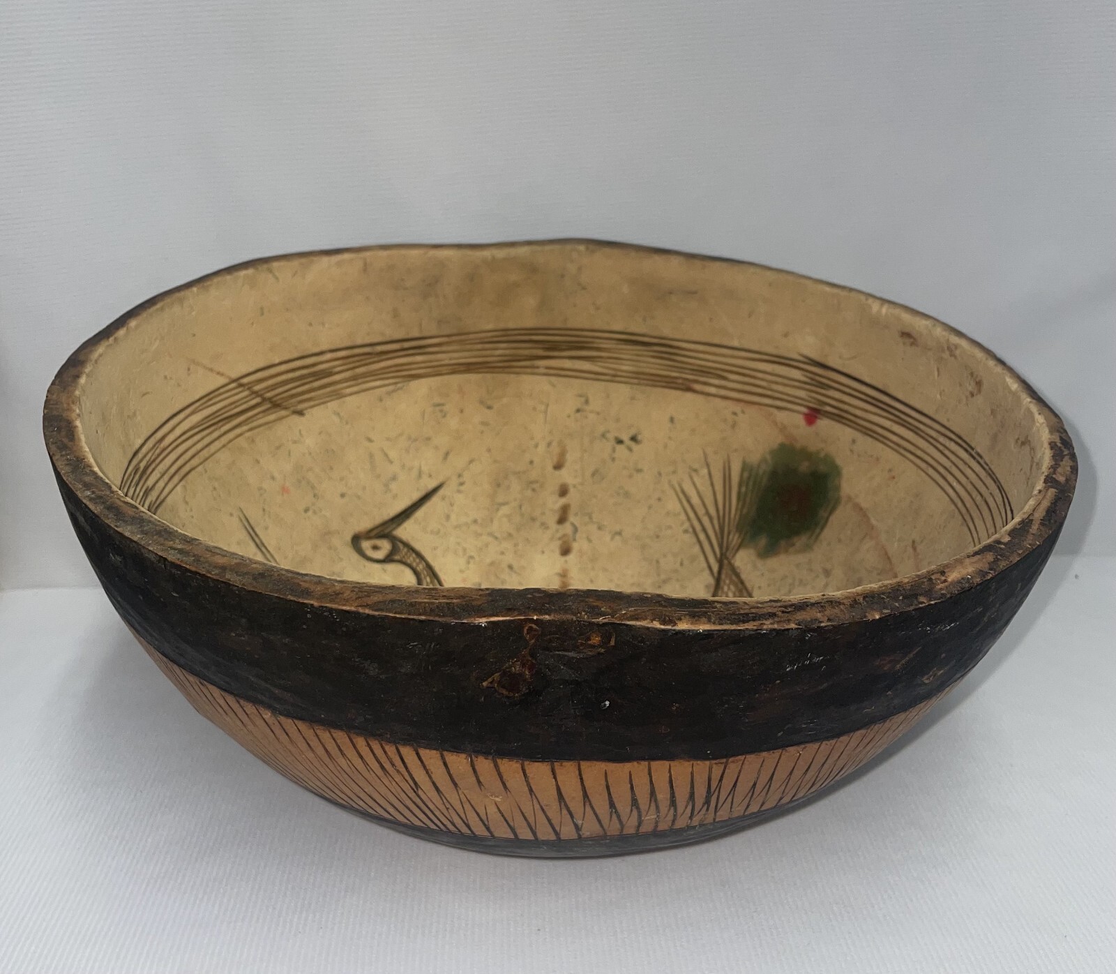 Vintage Large African Carved Gourd With Fish Bird And Scorpion Motif -Bowl