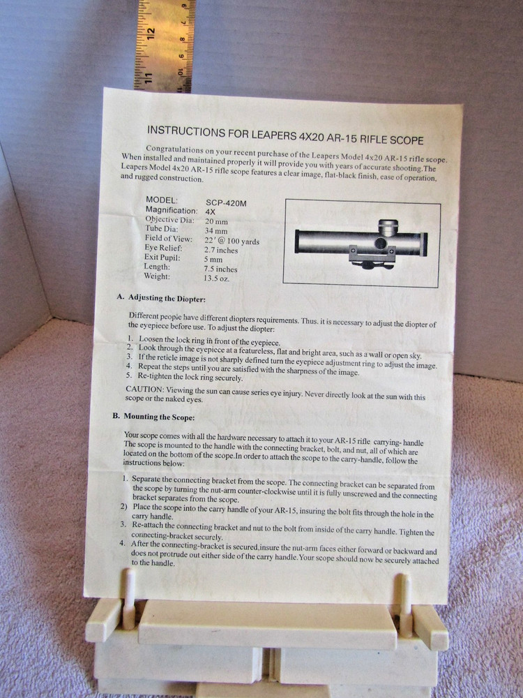 1 sheet Instructions for Leapers 4x20 Rifle Scope original double-sided
