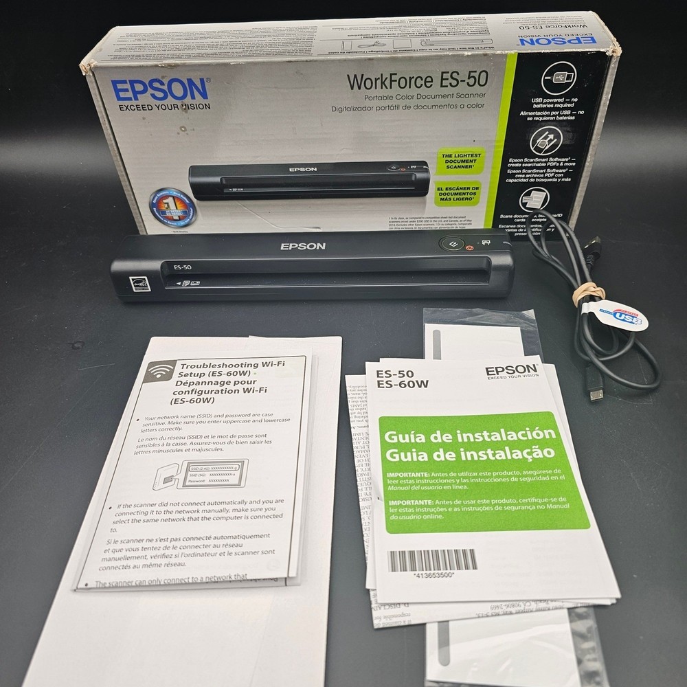 Epson WorkForce ES-50 Portable Color Document Scanner Black USB Powered TESTED