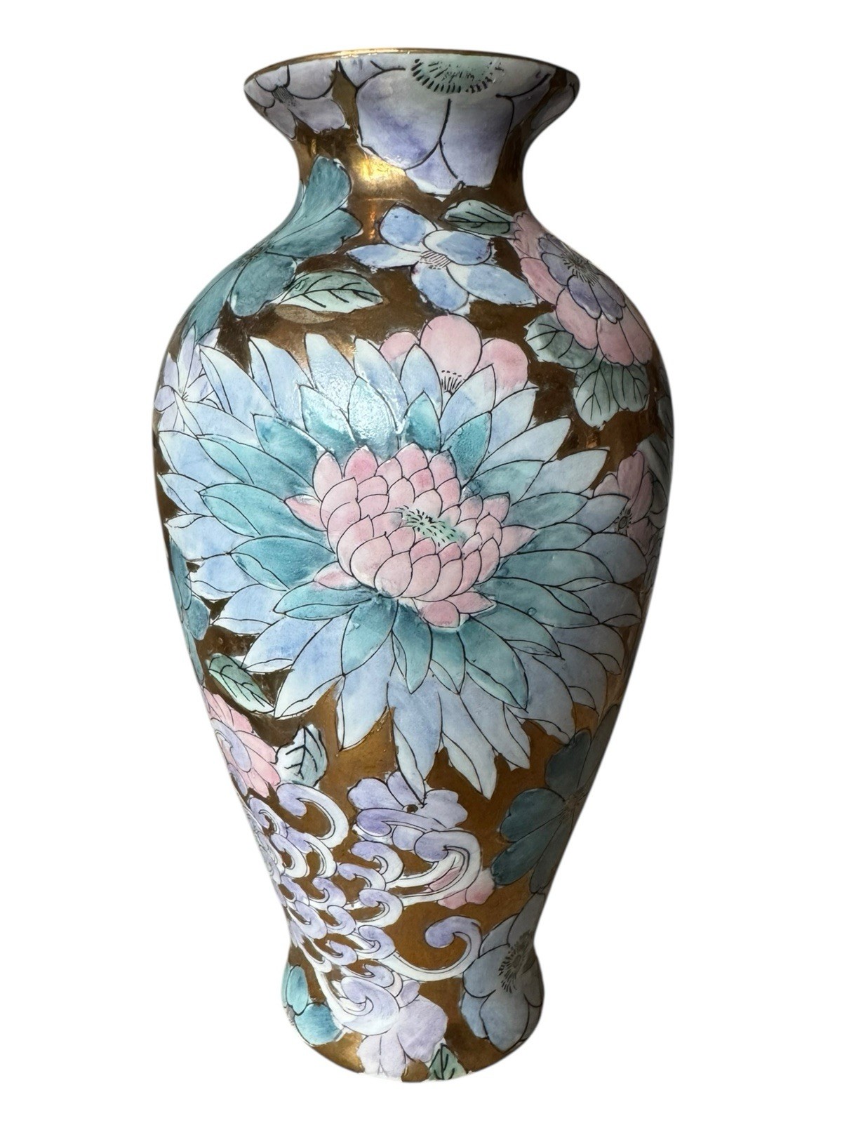 Vintage 8” Vase Chinoiserie Golden Peony Pastel Pink Purple Blue Toyo Macau 1970