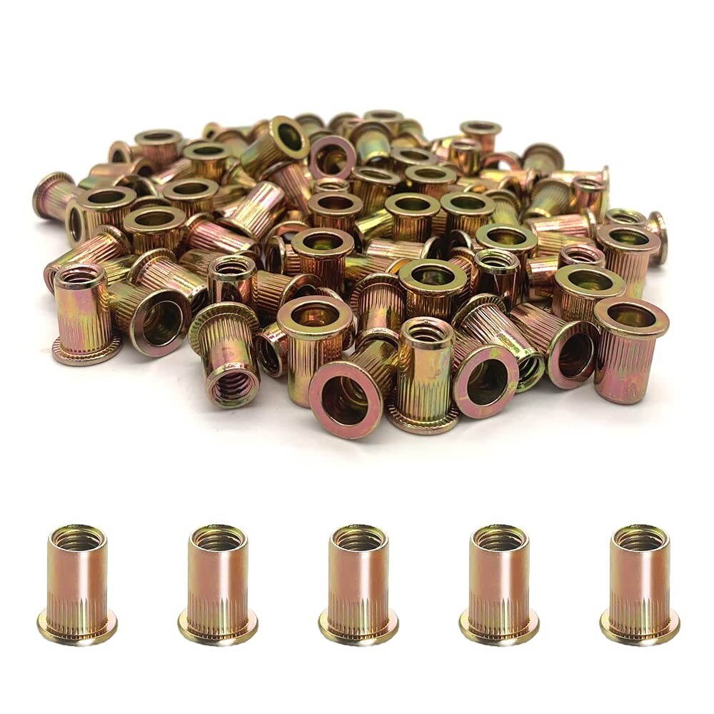 100pcs 1/4-20 Carbon Steel Flat Head Threaded Binding Rivet Nut Insert