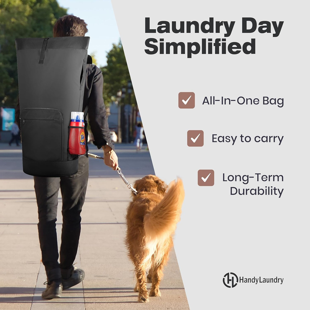 XL Heavy Duty Laundry Backpack - Adjustable Straps & Pockets - Black