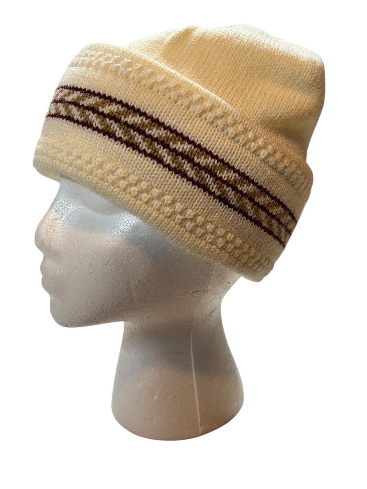 Vintage 70s Hat Stocking Cap English Village Acrylic Knit Cream Brown Design