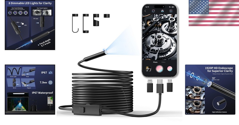 Multi-Compatible Endoscope Camera - 1920P HD Vision with 16.4ft Semi-Rigid Cable