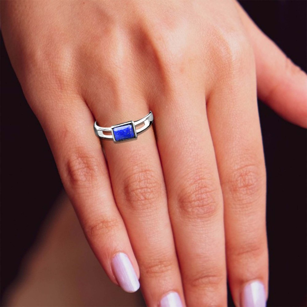 Silver Lapis Lazuli Ring – Rhodium Plated Rectangular Minimalist Signet