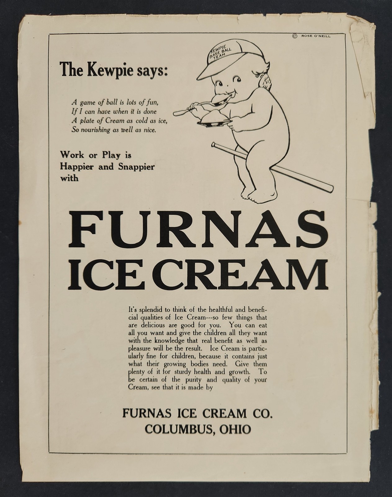 vintage KEWPIE ad FURNACE ICE CREAM columbus oh BASEBALL theme ROSE O'NEILL