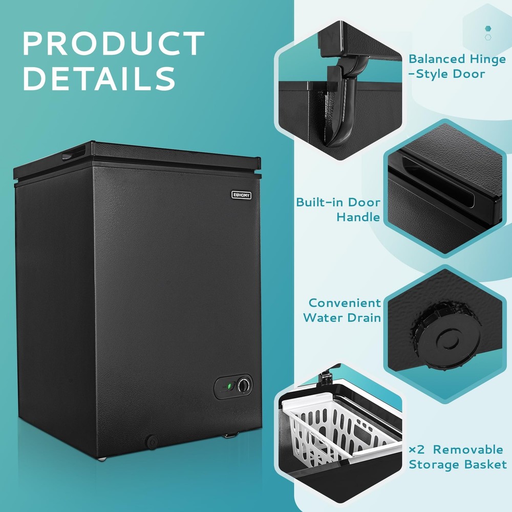 3.5 Cu.Ft Chest Freezer with Removable Basket, Small Deep Freezer Adjustable ...
