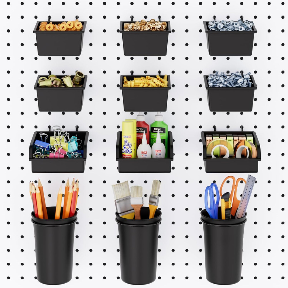 12 Pack Pegboard Bins Cups Hooks Peg Board Organizer Accessories Assortment Kit