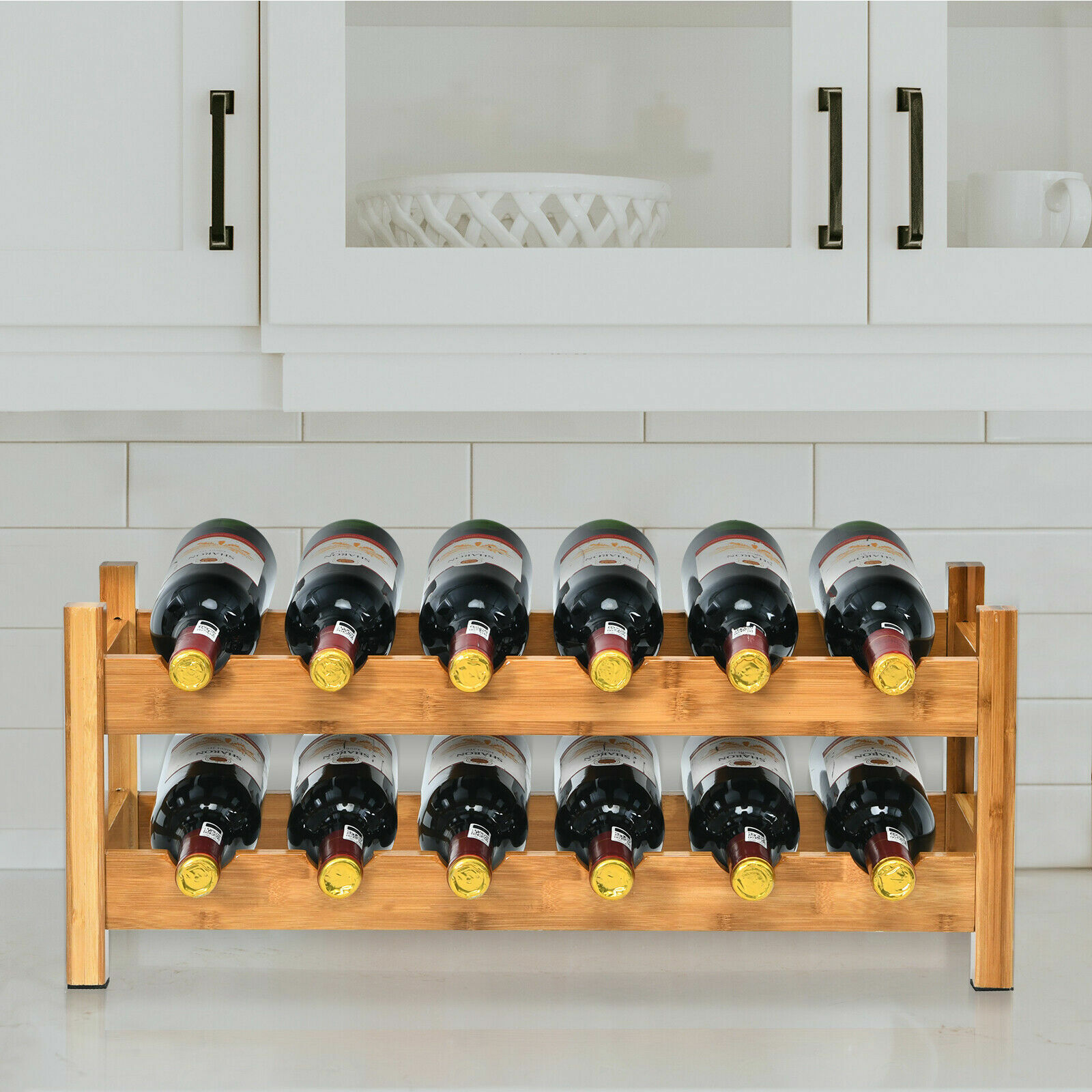 2-Tier Bamboo Wine Rack 12 Bottles Display Storage Shelf Holder Kitchen Natural