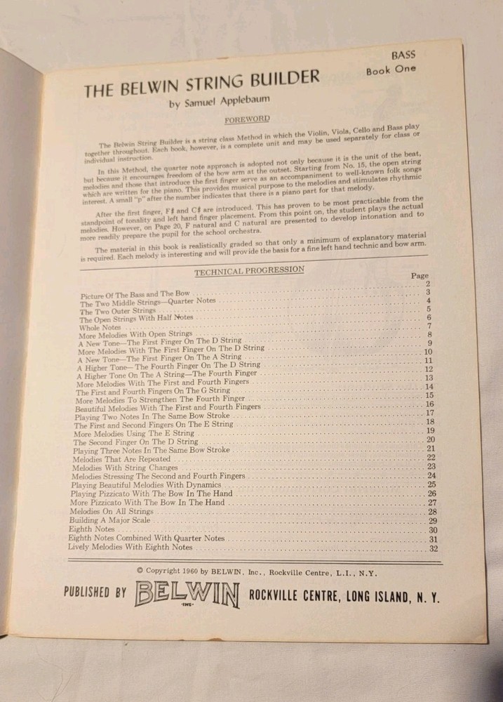 BELWIN COARSE FOR STRINGS STRING BUILDER BOOK 1 BASS Learn Music Techniques