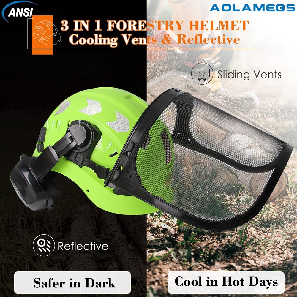 ANSI Forestry Safety Helmets with Earmuffs Face Shield Reflective Stickers ABS
