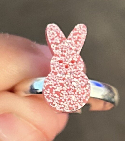 Handmade Adjustable Glitter Pink Bunny Peeps Ring
