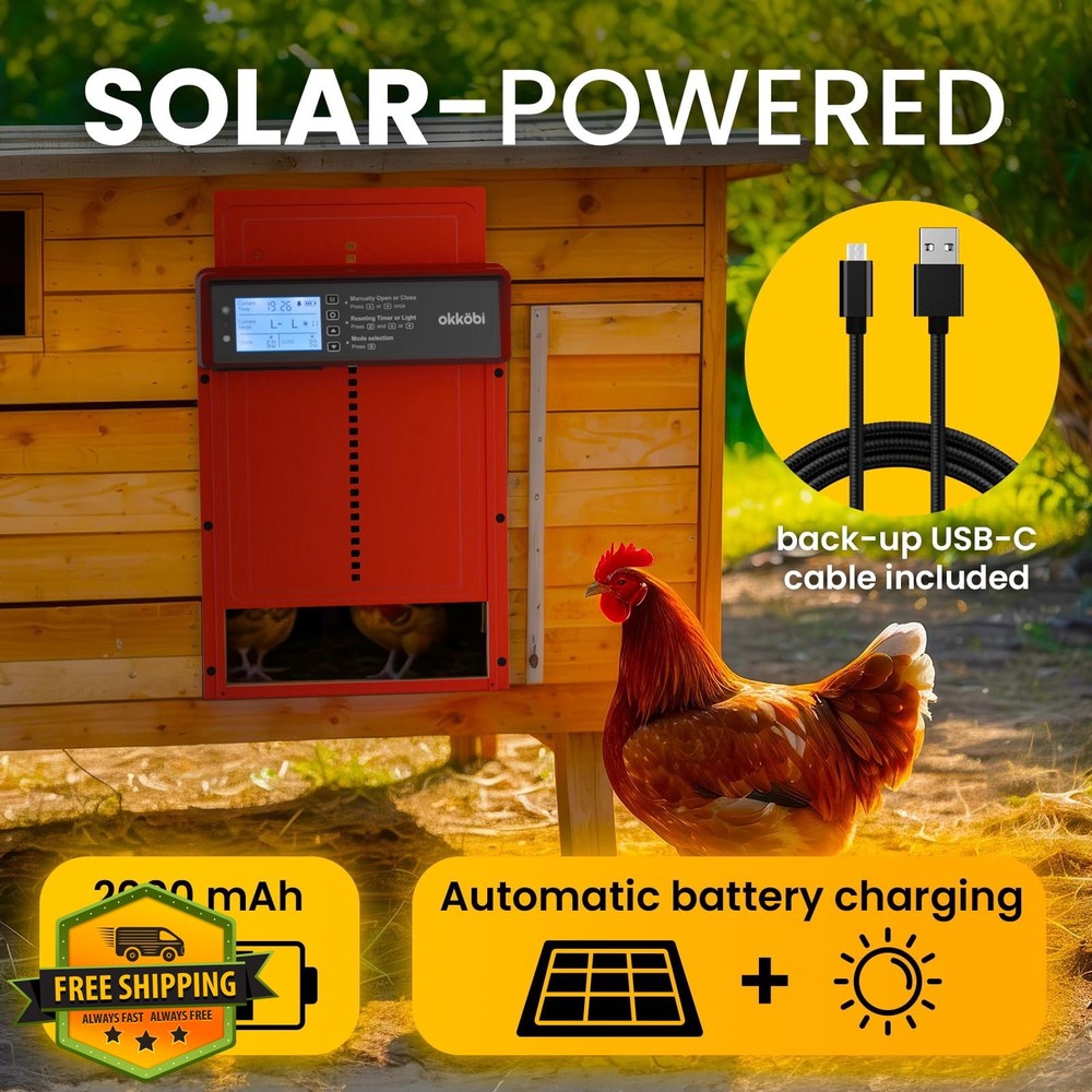 Okkobi Automatic Chicken Coop Door Solar LCD Remote Control Red