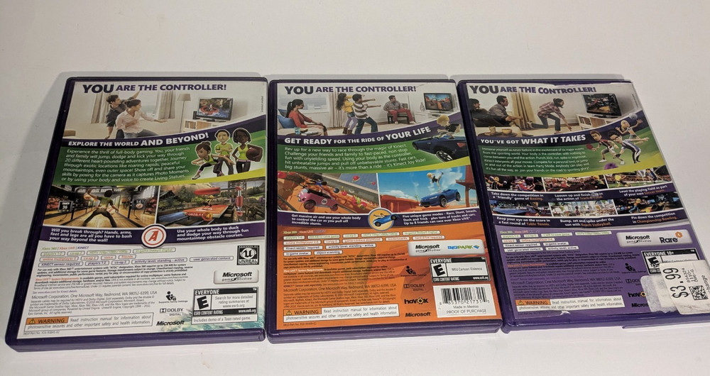 Xbox 360 Kinect Motion Sensor Bar + 3 Games Bundle - Tested and Working