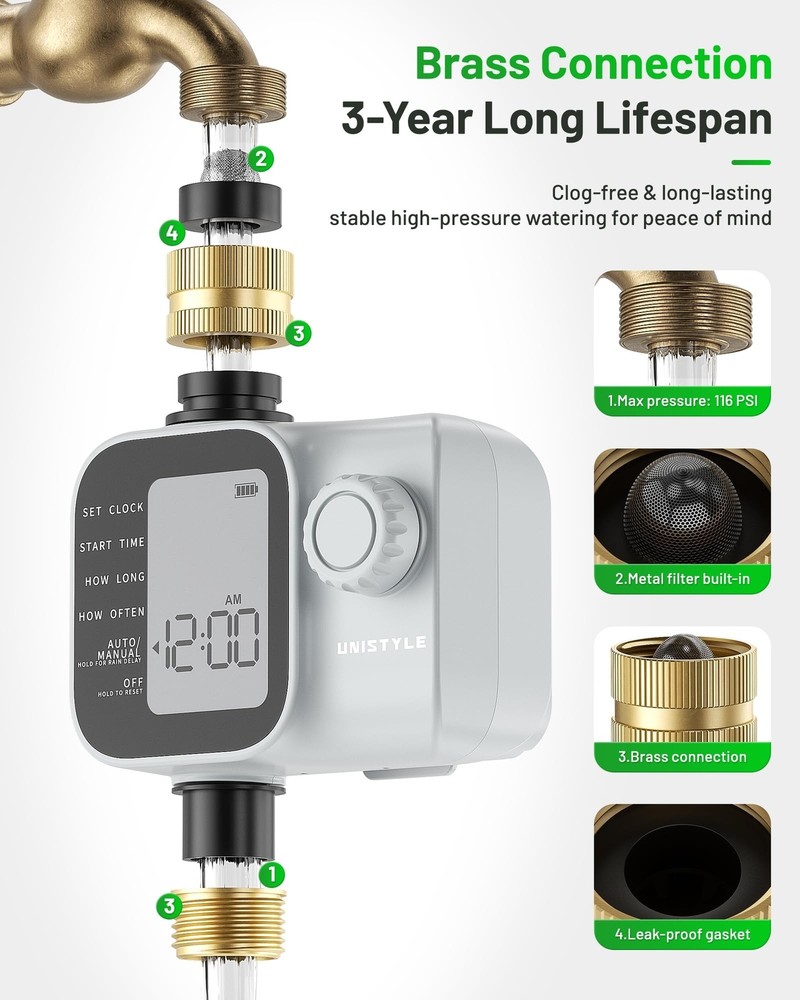 [2026 Upgrade] Sprinkler Timer with Brass Inlets & Outlets, Unistyle Programm...