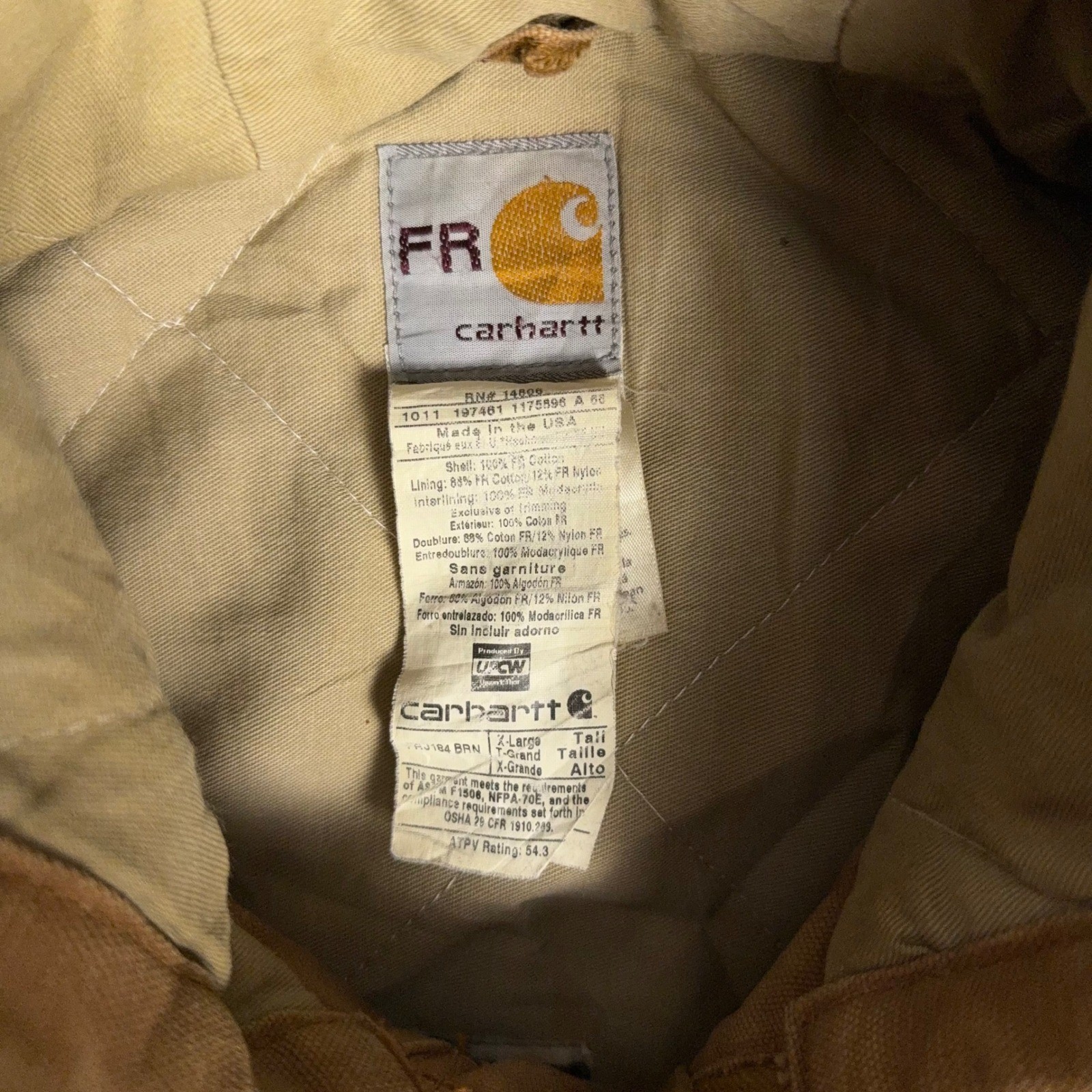 Vintage Carhartt FR J184 Duck Active Jacket Quilt Lined IBEW USA Made XL Tall