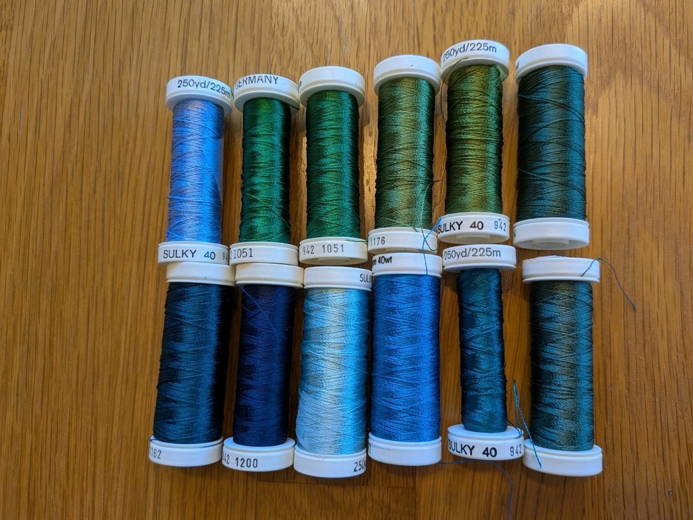Sulky Thread 40 Wt Rayon Blues & Greens -- 12 Partial Spools lot
