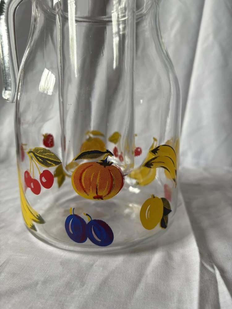Large Vintage Glass Pitcher with Removable Ice Column | Fruit Pattern