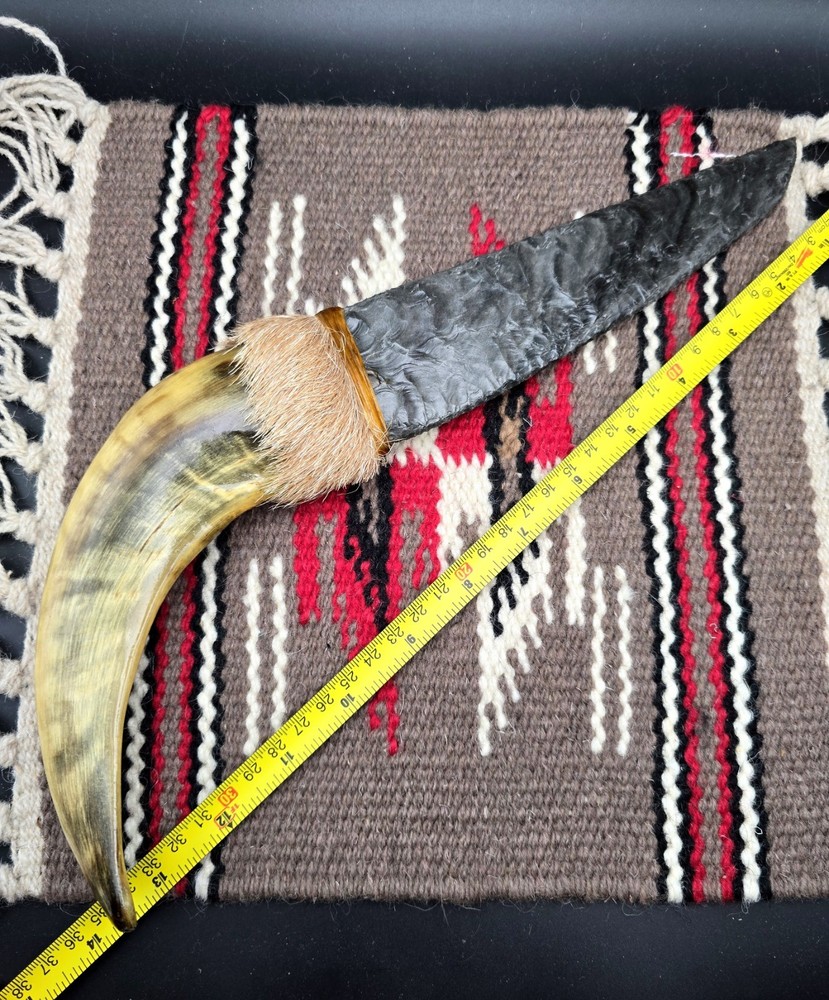 Large Goat Horn Knapped Obsidian Knive Primitive
