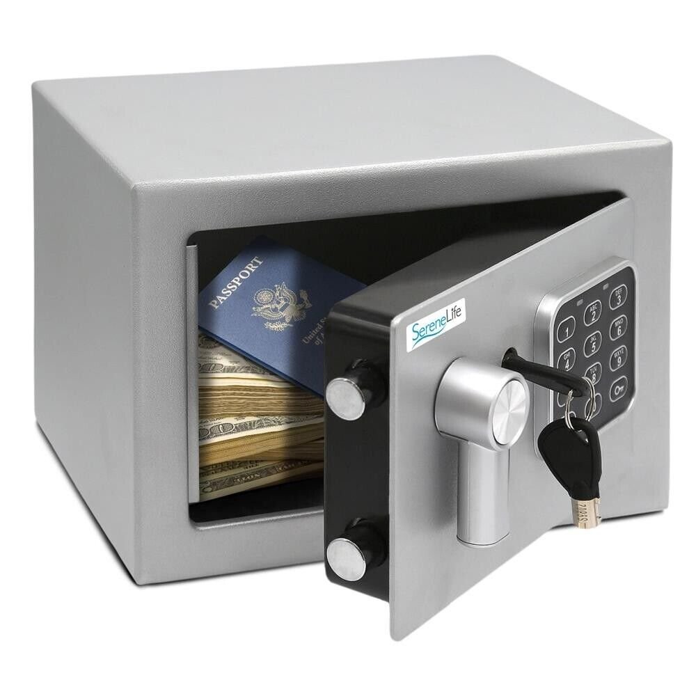 SereneLife Compact Electronic Safe Box with Digital Touch Pad w/ keys (Silver)