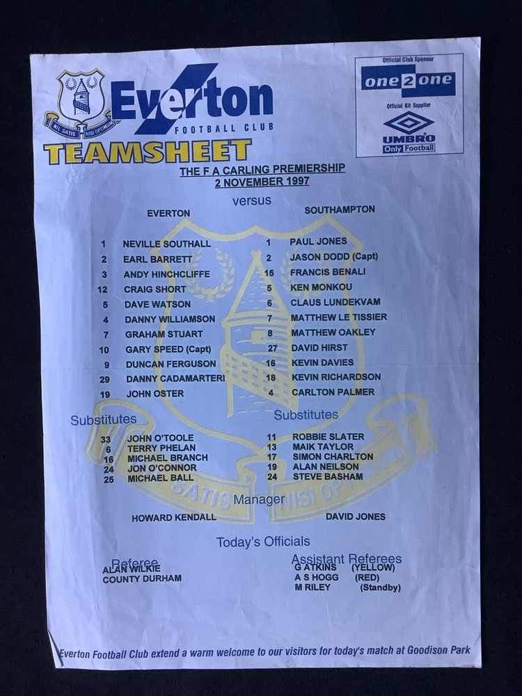 1997/8 Everton v Southampton teamsheet