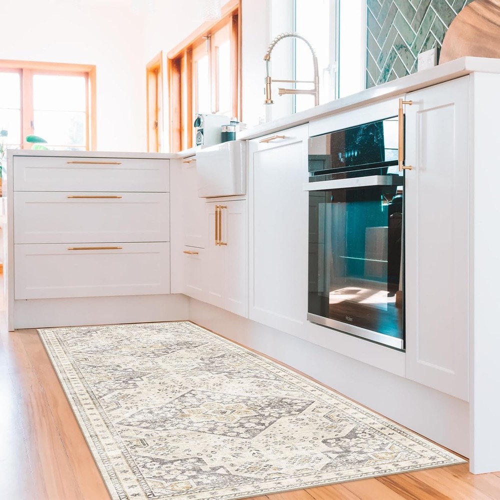 Washable Kitchen Runner 2' x 6' (Rectangular), Beige Taupe Orange