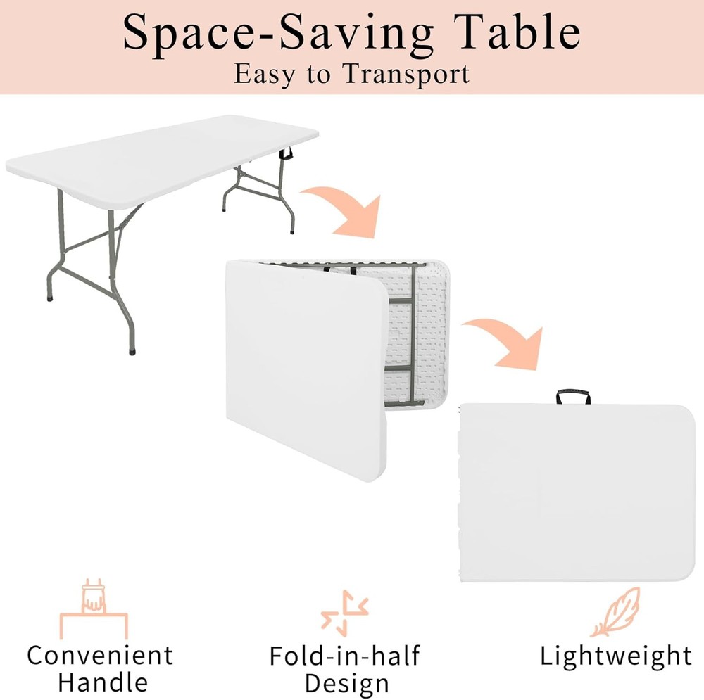 Set of 2 Folding Tables with Carrying Handle Lightweight Rectangular Portable Pl