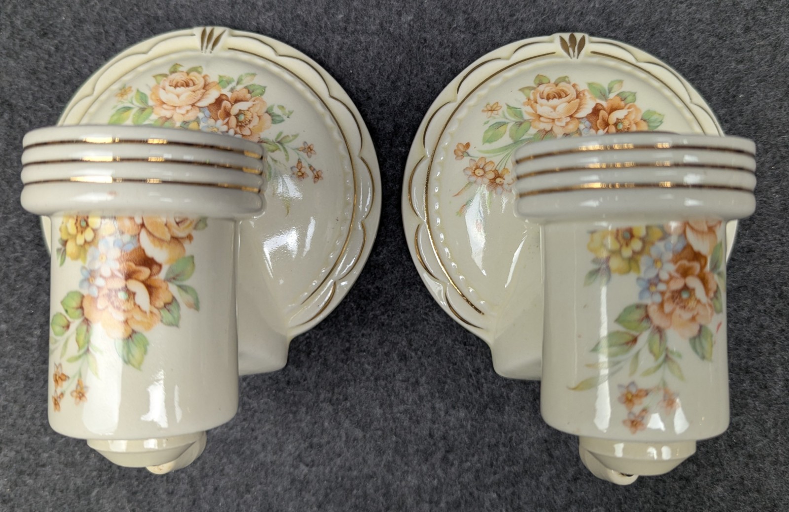 Restored Pair Porcelier Art Deco-MCM Porcelain Sconces, Glass Shades, Excellent!