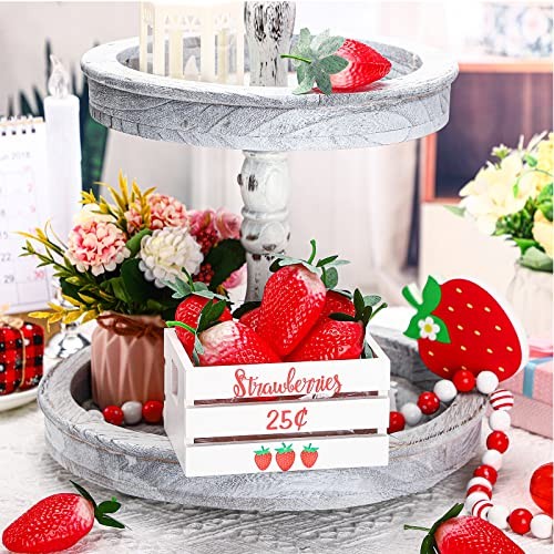 Strawberry Table Decor, Rustic Summer Tiered Tray Decor Mini Strawberry Theme