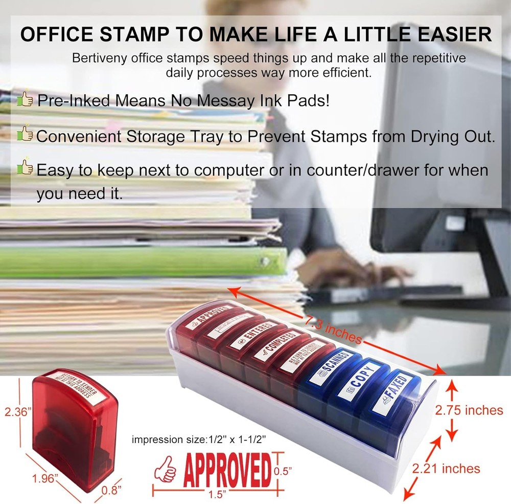 Self Inking Office Stamp Set 8 PCS with Plastic Tray
