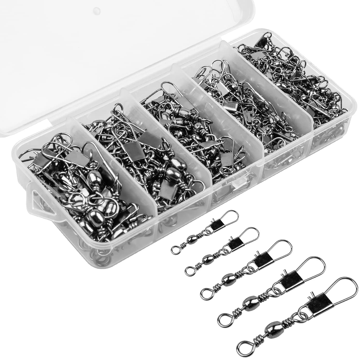 200PCS Fishing Rolling Ball Bearing Barrel Swivel with Safety Snap Conne